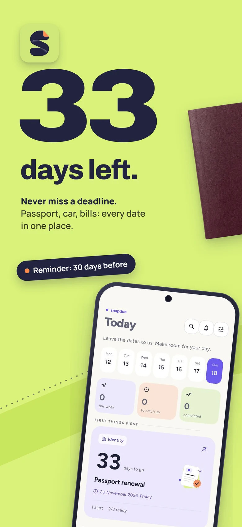 SnapDue preview: passports, vehicles and important dates in one place.