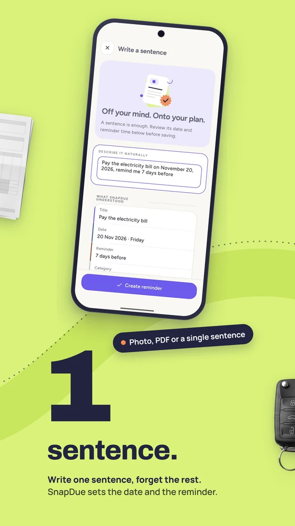 SnapDue promotional image showing a reminder created from a sentence.